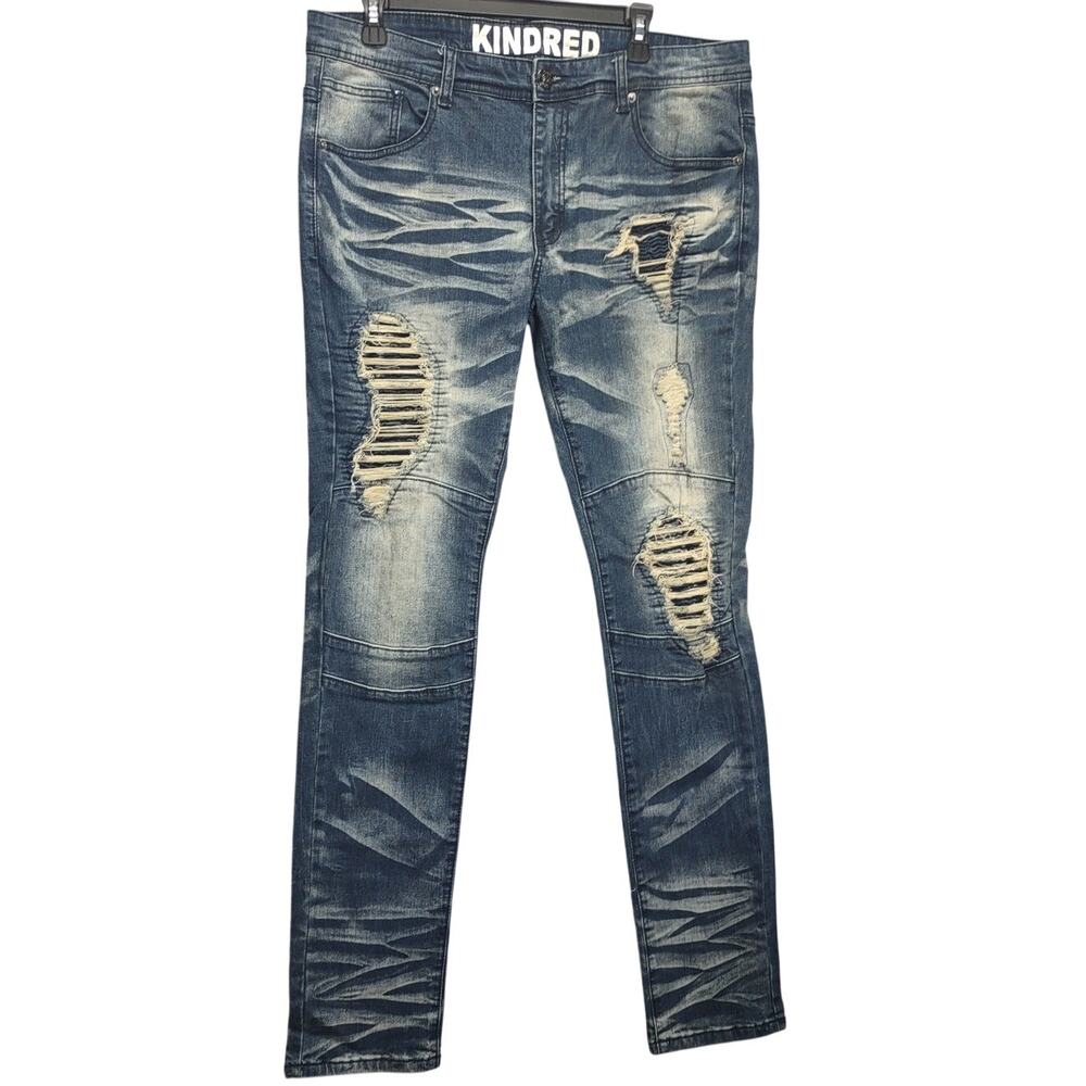 Kindred Mens Distressed Blue Wash Slim Skinny Designer Jeans